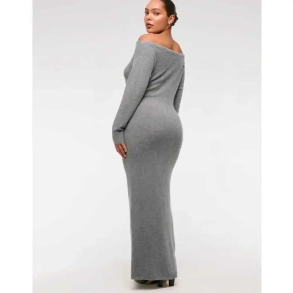 NWT Abercrombie & Fitch Boucle Off Shoulder Gray Maxi Sweater Dress Long Sleeve